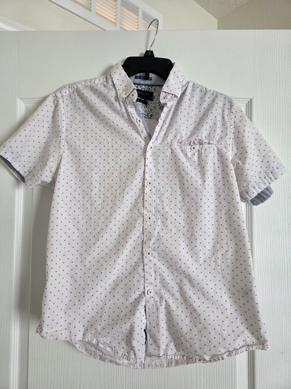 Denim & Flower Light Pink Short-Sleeve Button-Down Shirt with Navy Micro Dots